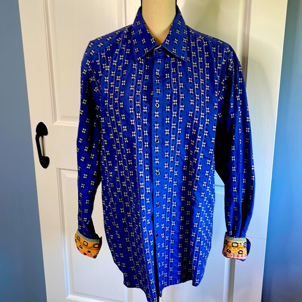 Robert Graham Blue Dress Shirt with Orange Accents